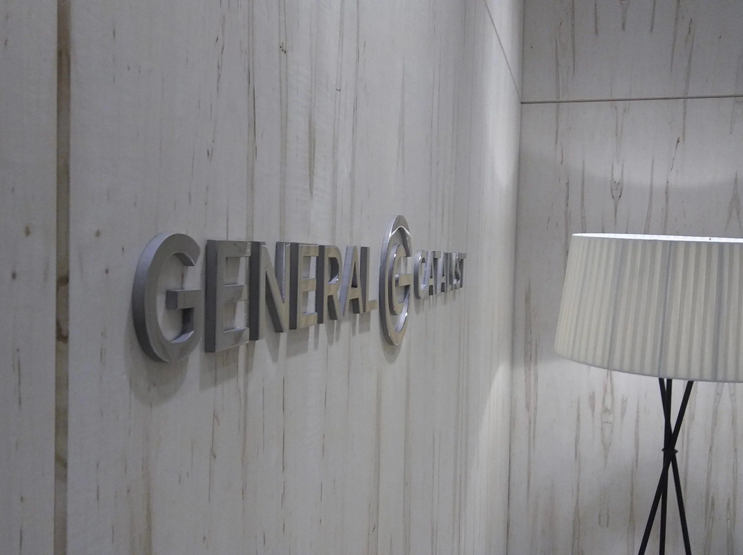 Brushed metal lobby letters, the kind of feature that can be phased