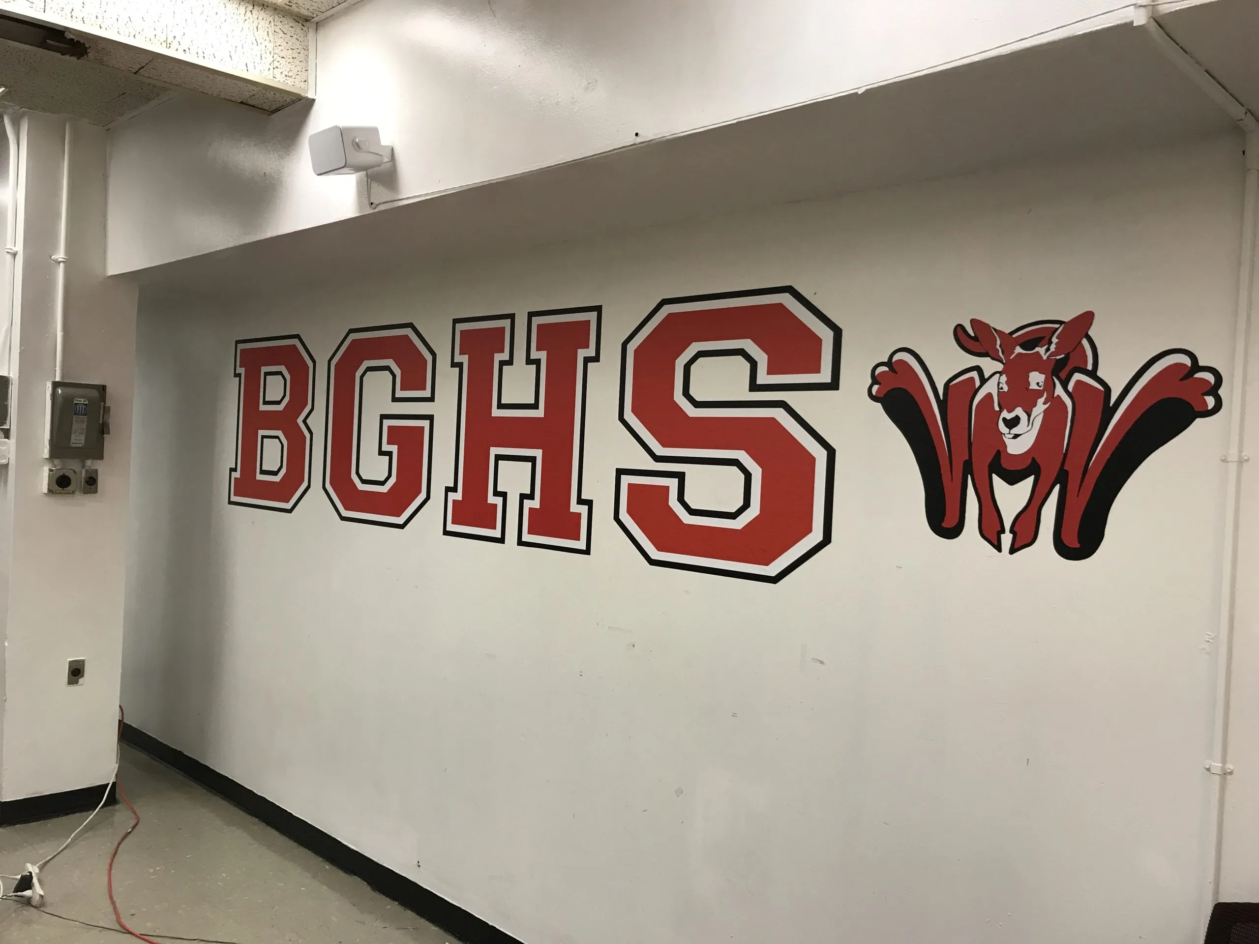 Large red and white cut vinyl school letters and a mascot on a hallway wall