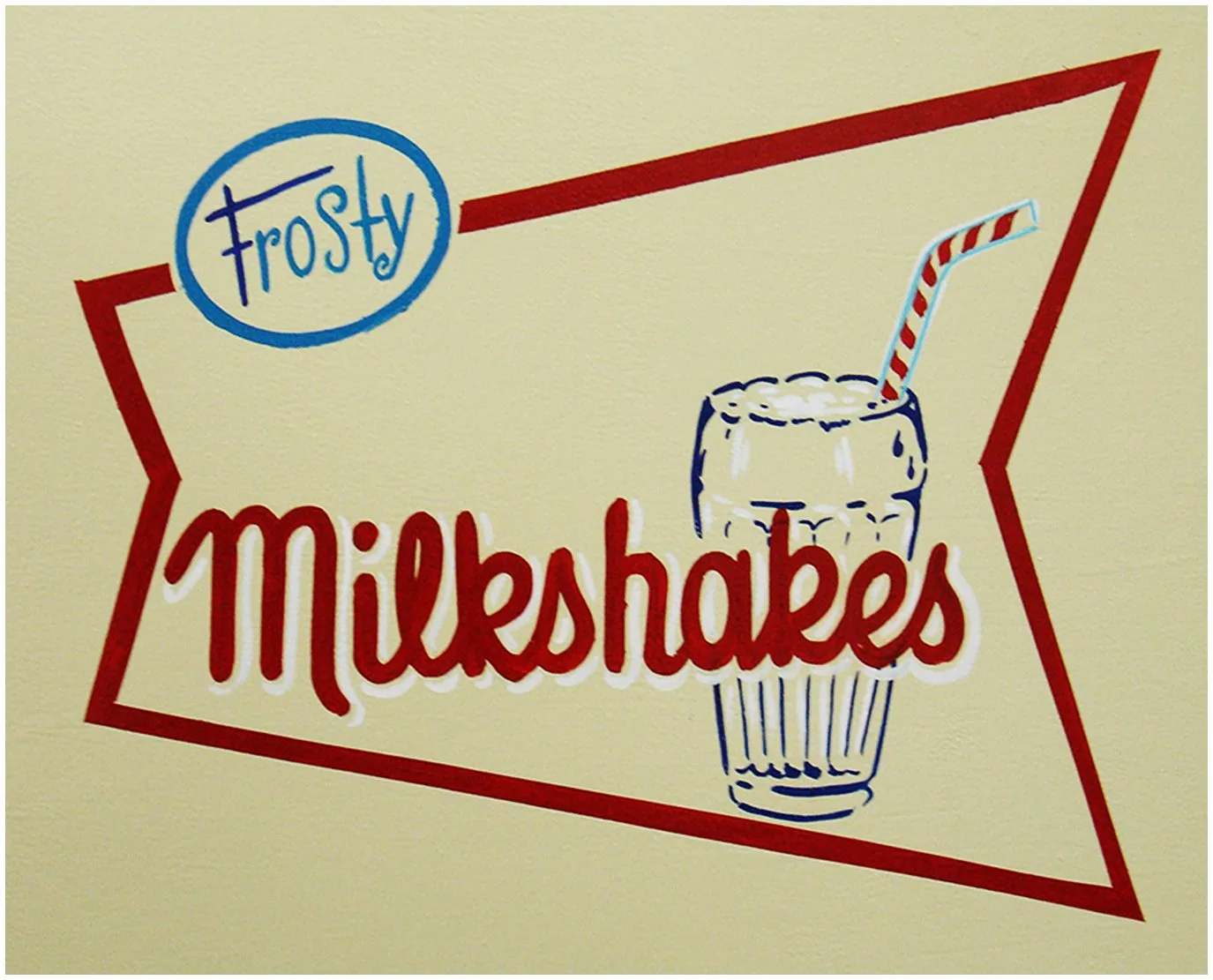 Hand painted milkshake shop sign with custom lettering and illustration