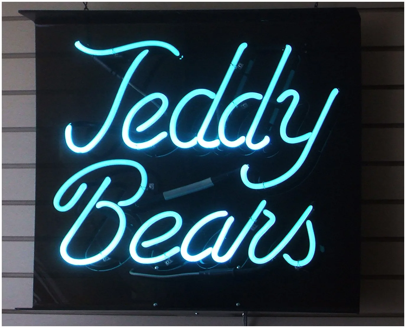 Turquoise neon script sign reading Teddy Bears on a dark backing panel
