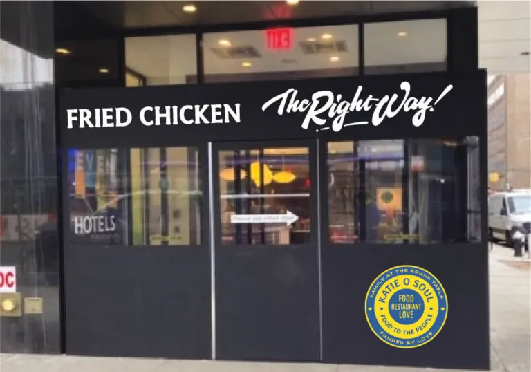 Restaurant entry vestibule carrying branded window graphics