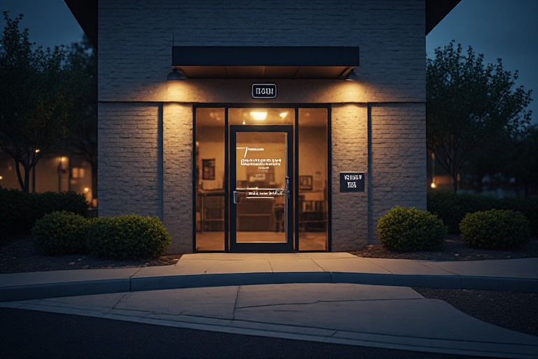 Business entrance signage at night
