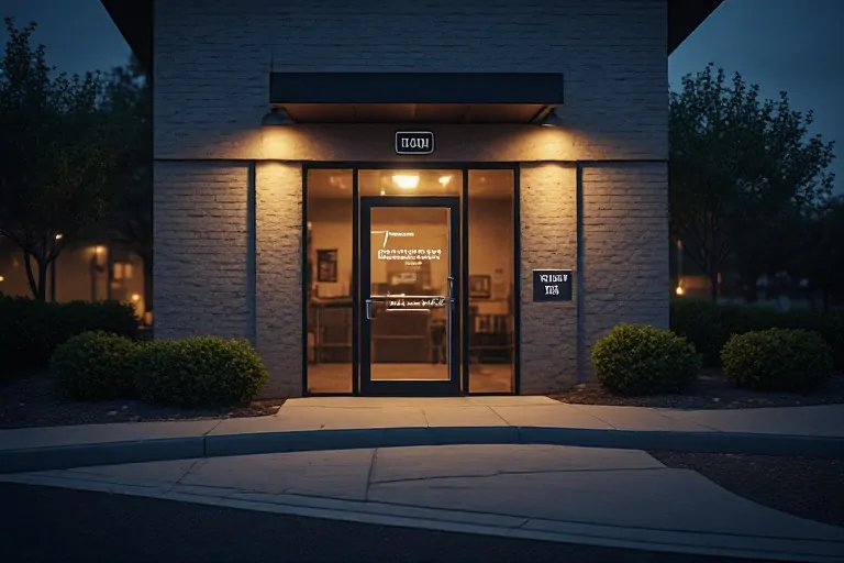 Business entrance signage at night