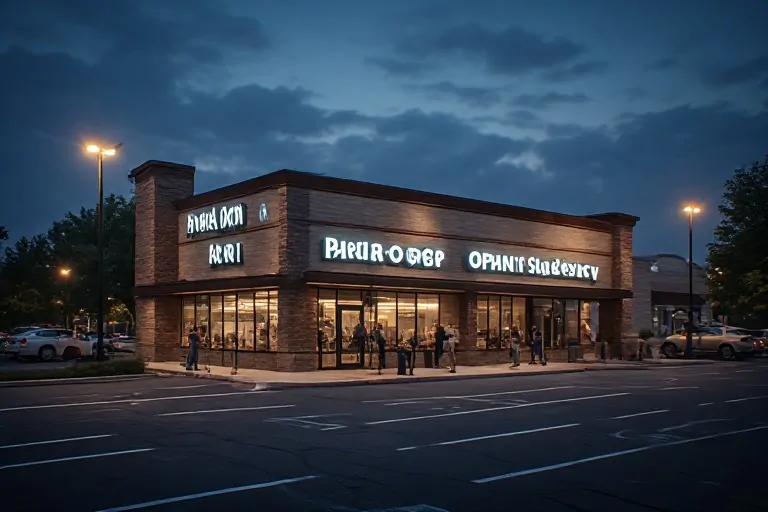 Illuminated storefront signs at night