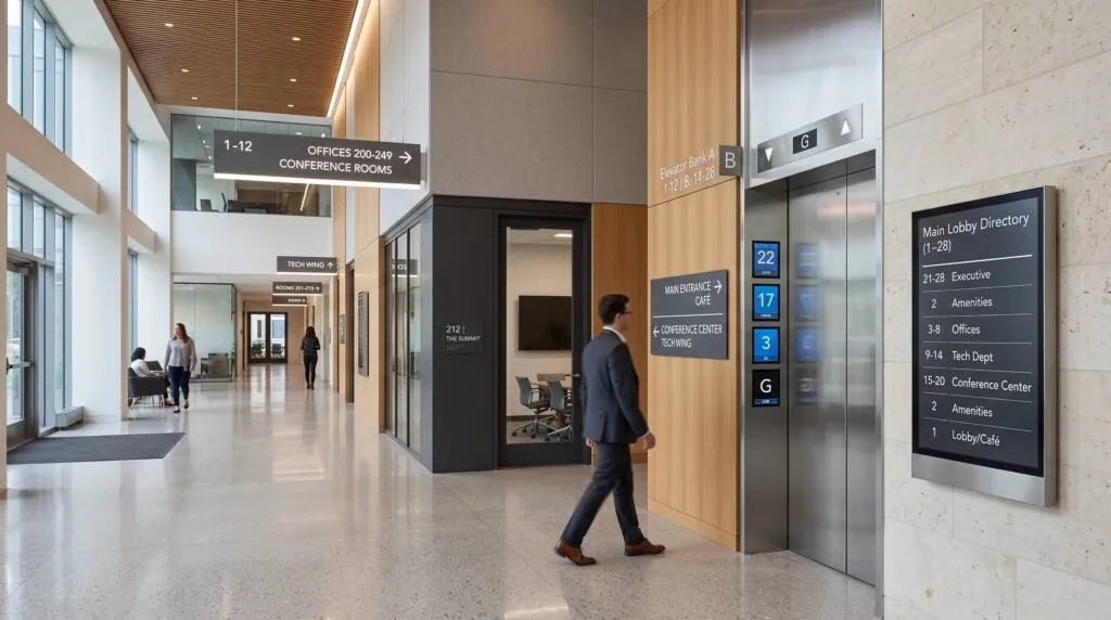 Interior wayfinding and elevator signs
