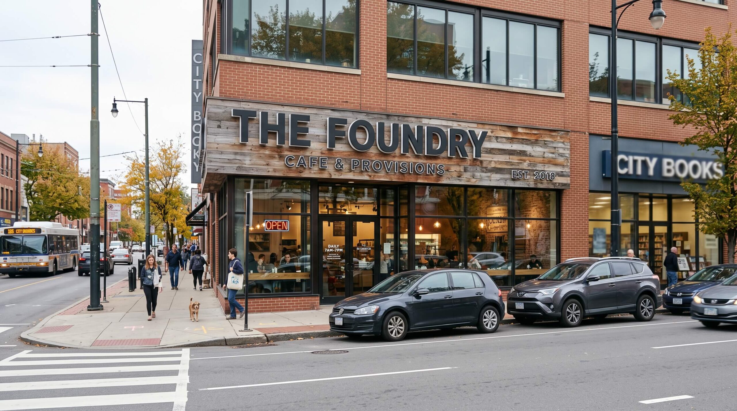 Corner retail storefronts with lettered sign bands, a blade sign and large display windows