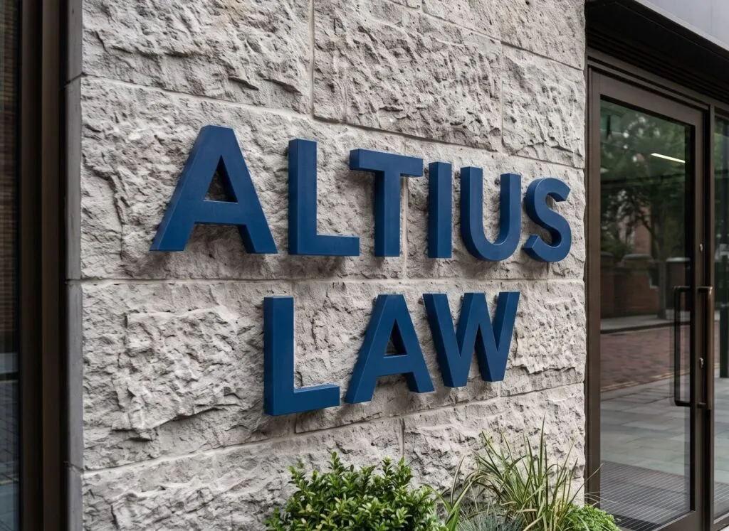 Dimensional blue letters spelling Altius Law mounted on a stone wall beside a glass entrance door