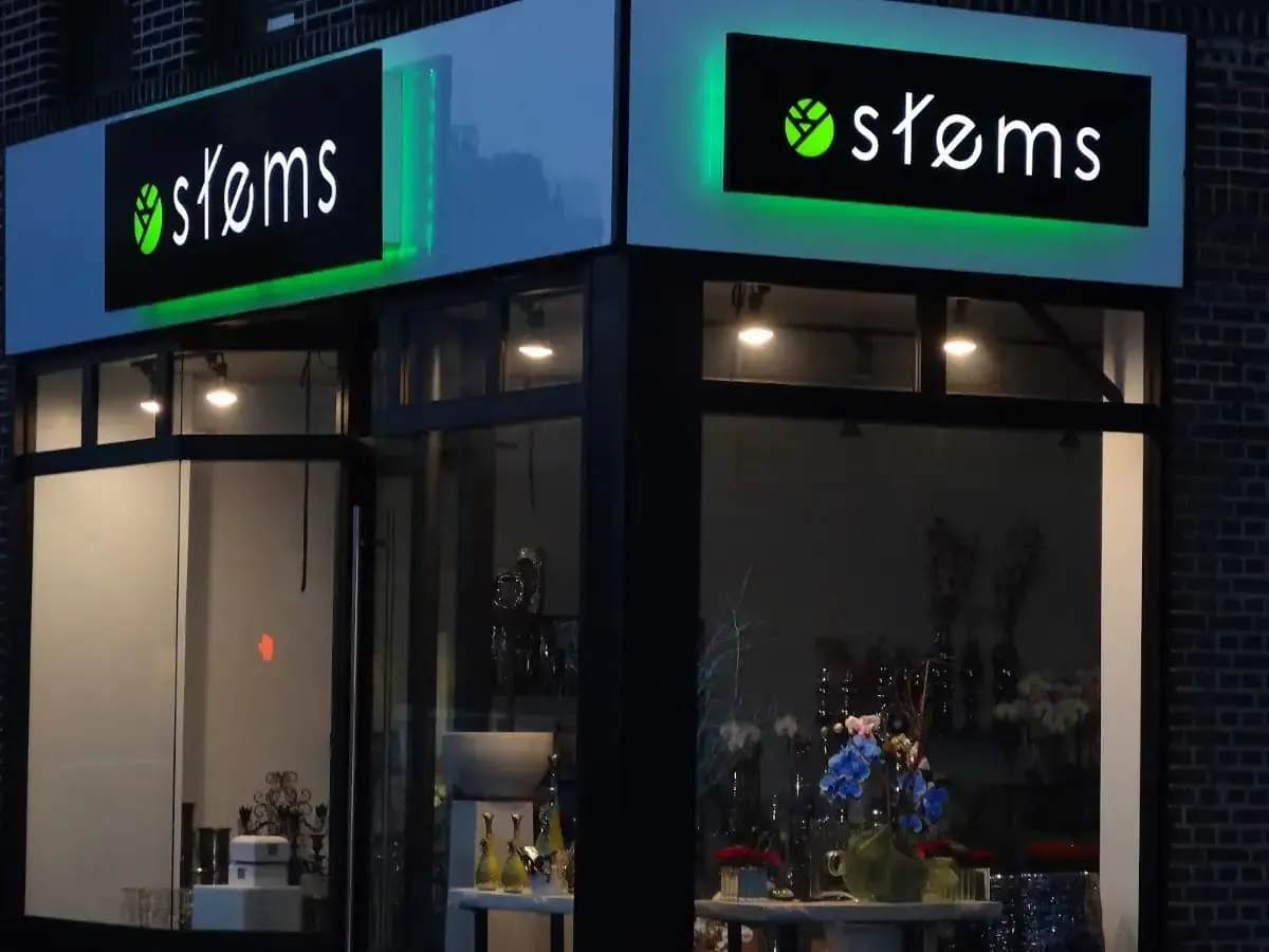Corner storefront at night with two lit signs white letters on a dark green field