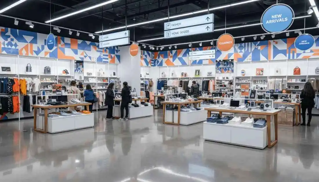 Retail store interior with hanging aisle signs, a geometric wall graphic and round promotional signs above the displays