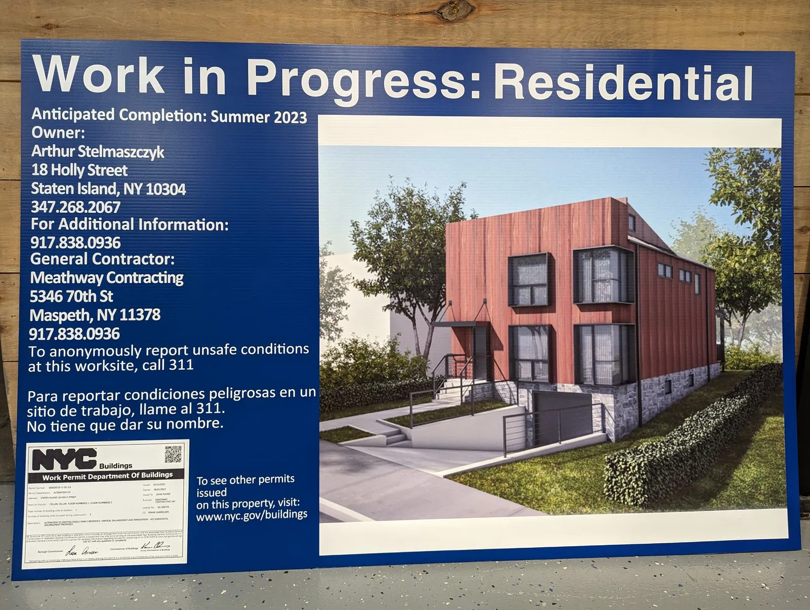 Navy Work in Progress residential board with contact lines and a rendering of a new house