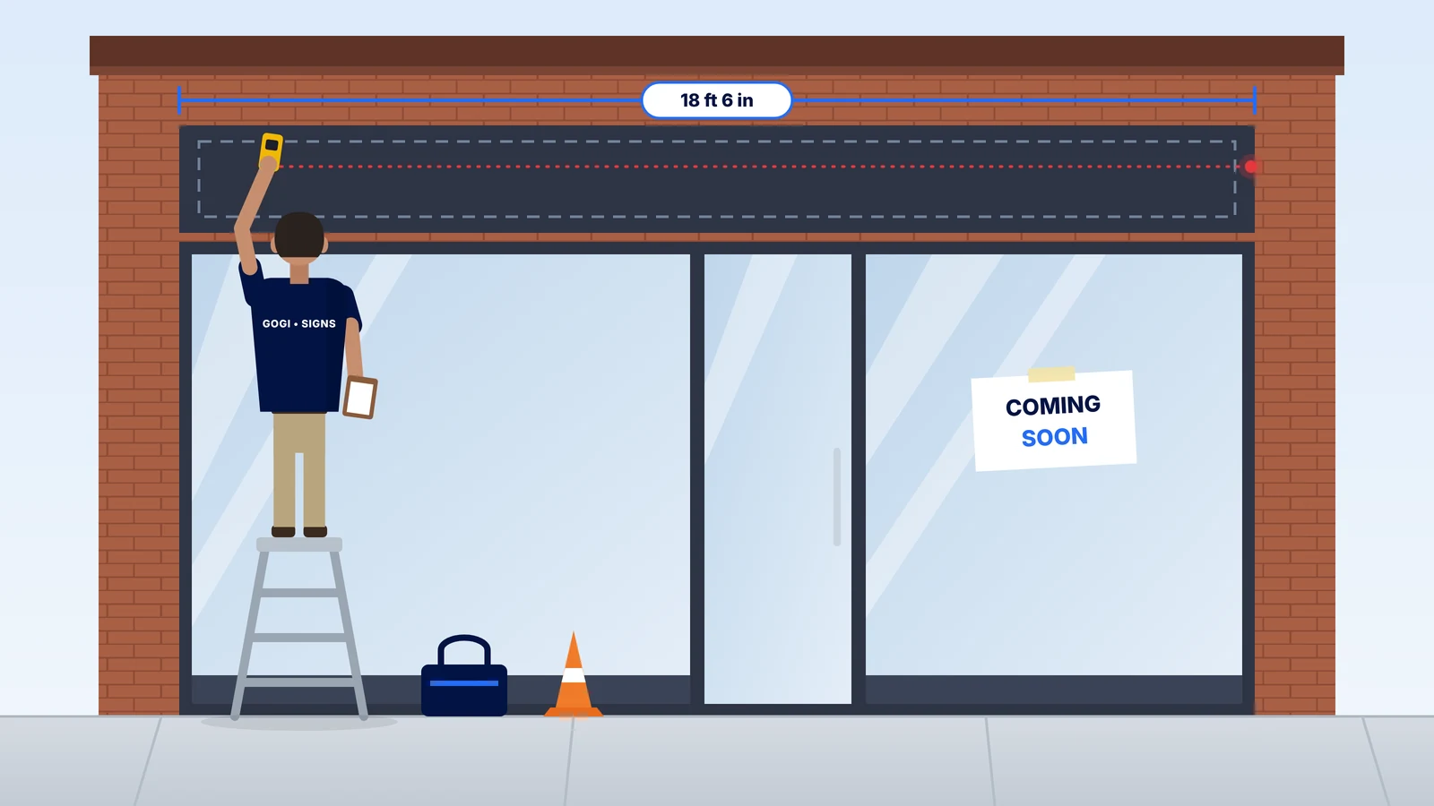 Illustration of a Gogi Signs installer on a step ladder measuring a blank storefront sign band with a laser measure