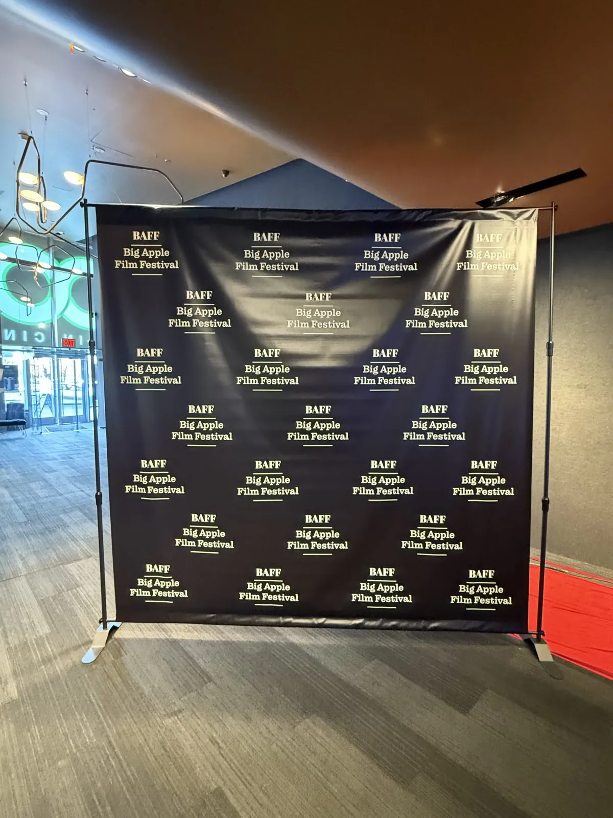Navy step and repeat backdrop with white logos behind a red carpet