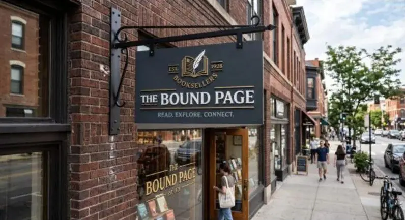 Round black blade sign for a bookshop hanging over a brick storefront